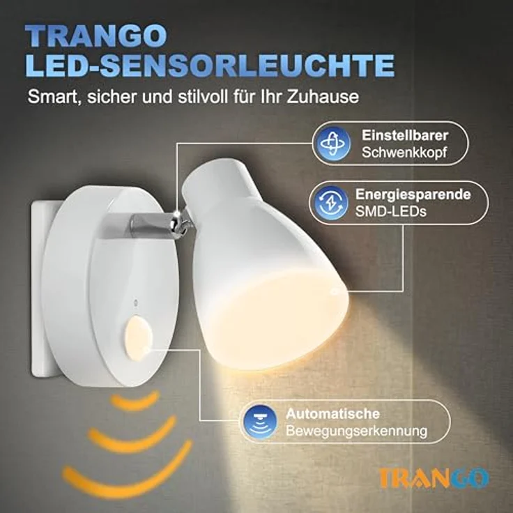 TRANGO LED Nachtlicht, Bewegungsmelder, 2635-016 LED Sensor Steckdosenlampe *MILO* mit Automatikfunktion in Weiß Sicherheitslicht 230V, Wandlampe, Orientierungslicht, Nachtlampe, Steckdosenlicht – Bild 3