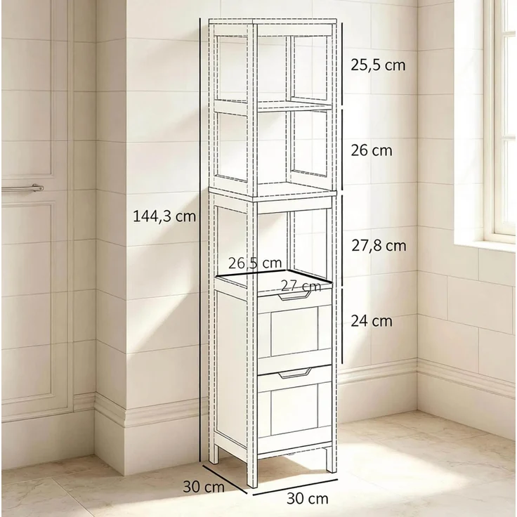 Badregal 30 x 30 x 144,3 cm aus Bambus und MDF mit 3 Ablagen und 2 Schubladen – Bild 4