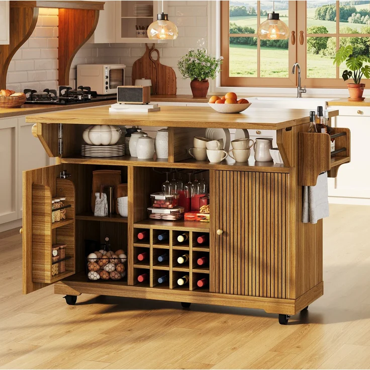 Küchenrollwagen aus MDF mit klappbarer Arbeitsfläche, 142,5x80x95 cm, Dunkelbraun – Bild 3