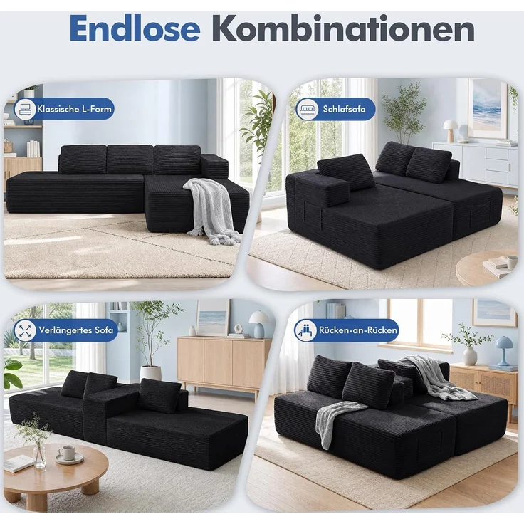 COMHOMA Ecksofa mit Schlaffunktion, 255cm Corduroy Modulares Boneless Couch mit Chaiselongue & Rücken-Metallgestell, L-Form Schlafsofa mit offenem Design, Kissen & Seitentaschen,für Wohnzimmer,Schwarz-L – Bild 6