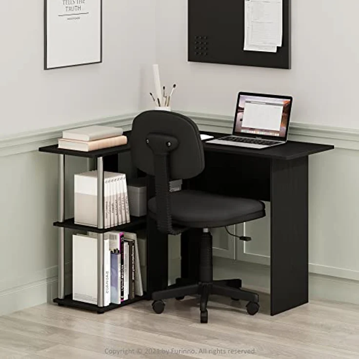 Furinno Abbott L-förmiger Schreibtisch mit Bücherregal, Americano, Edelstahlrohre – Bild 3