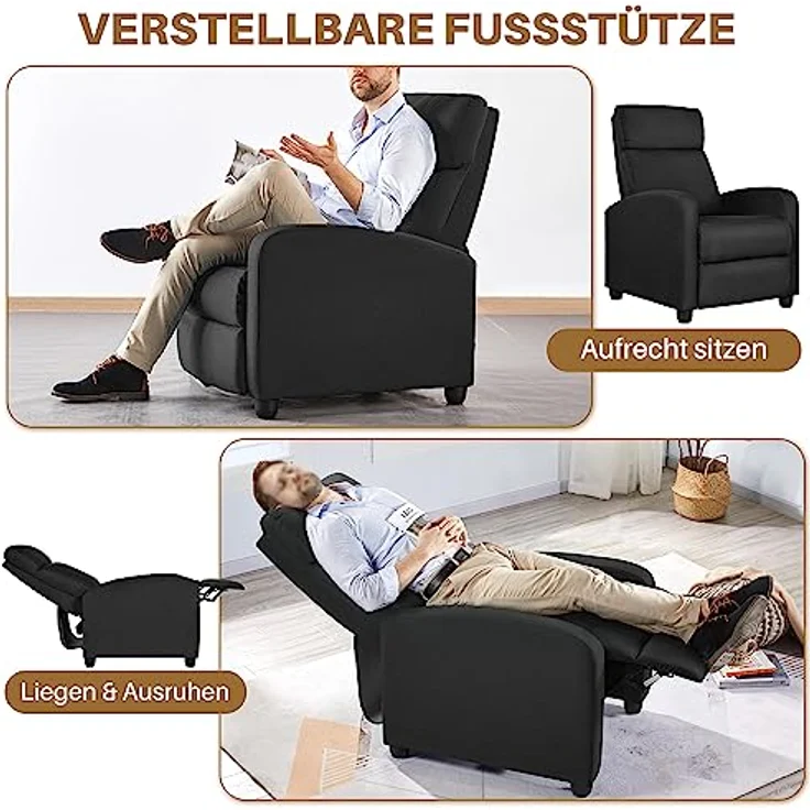 Yaheetech Relaxsessel Fernsehsessel Einzelsofa Ruhesessel mit Verstellbarer Beinablage Liegesessel aus Leinenstoff Schwarz – Bild 6