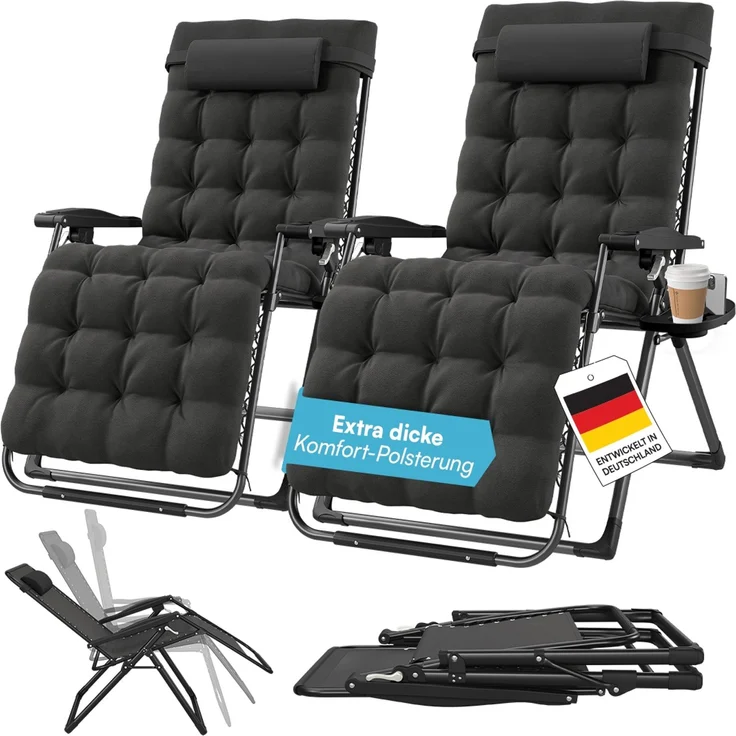 STEELSØN 'Lysira' Liegestuhl, klappbar & wetterfest, schwarz, Sonnenliege mit extra dicker Polsterauflage, verstellbarer Gartenstuhl, bis 200 kg belastbar, 2er Set – Bild 1