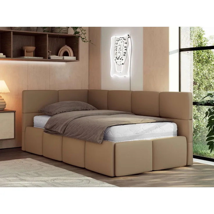 Jugendbett 90x200 ARVO Polsterbett mit Bettkasten, Stauraum & Gasdruckfeder, Modernes Design mit Kopfteil, Multipocket Matratze - Braun Kunstleder - ELORI LUX - Links Seite