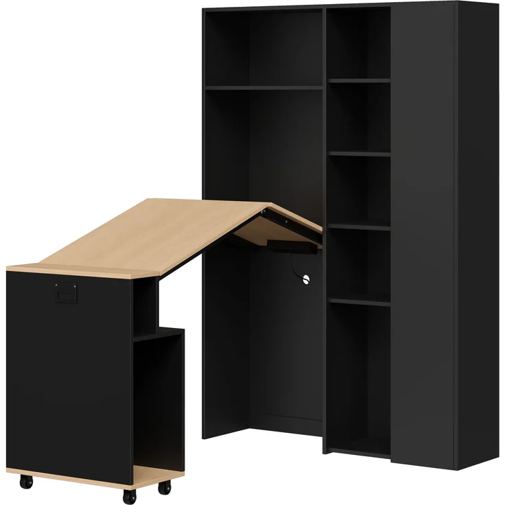 Klappbarer Schreibtisch mit Ablagen –2-in-1-Bücherregal und Schreibtisch, klappbar, mit Steckdose und USB-Anschluss, höhenverstellbare Ablagen, Kippschutz, Schreibtisch,Eck-Schreibtisch-rechts – Bild 8