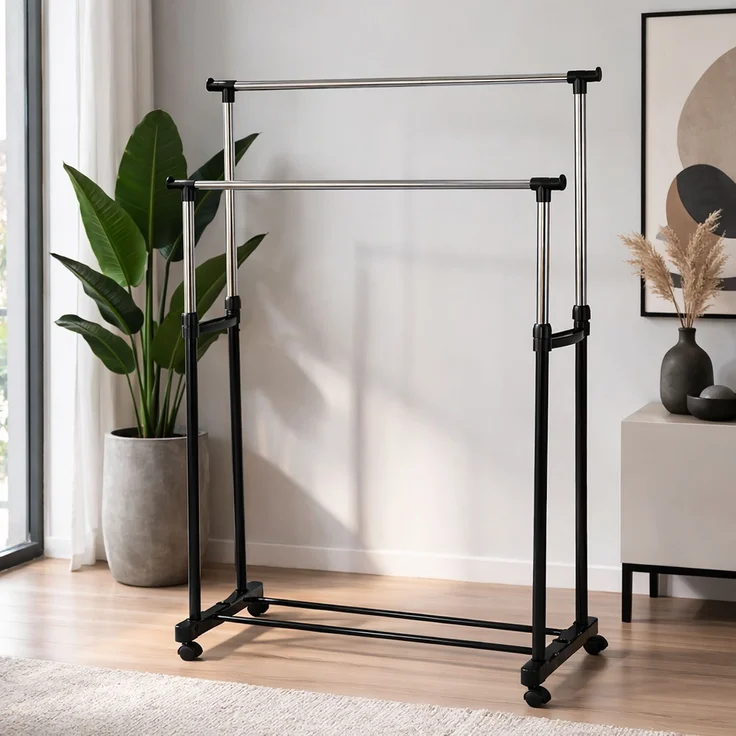 XXL fahrbar Kleiderständer mit Schuhablage 2 Stangen 86x42x170cm – Bild 3