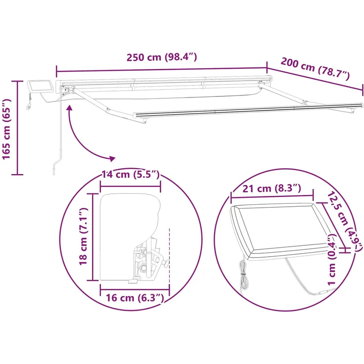 vidaXL Manueller Markisenrahmen mit LEDs Anthrazit 2,5x2 m 3420499 – Bild 10