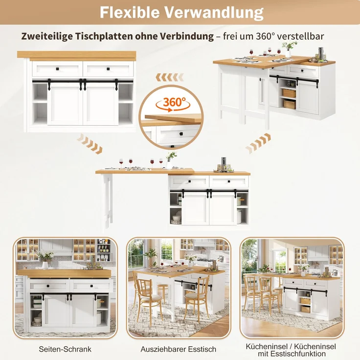Esstisch, erweiterbar, B 120–197 x T 40 x H 72 cm, 360° drehbare Tischplatten, Weiß und Holzoptik – Bild 8