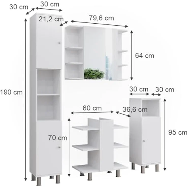 Vicco Fynn Badmöbelset, Weiß, mit Waschbeckenunterschrank, Spiegelschrank, Hochschrank und Midischrank – Bild 3
