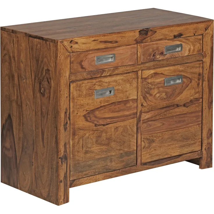 Wohnling Sideboard Massivholz Sheesham Kommode 90 cm 2 Schubladen 2 Türen Design Highboard Landhaus-Stil braun natur Echt-Holz Schubladenkommode Natur-Produkt Flur-Möbel Aufbewahrung Dielen-Möbel