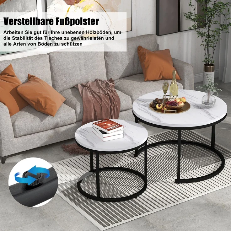 2er Set Runder Couchtisch Weiß-Marmor, Nesting Beistelltisch Wohnzimmer, Moderner Sofatisch aus MDF – Bild 4