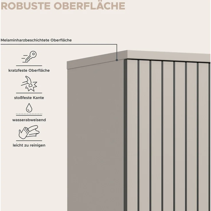 xonox. home – Badschrank Mone 30 x 192 x 30 cm in Kaschmir Nachbildung – Schlanker Hochschrank mit 2 Türen, 4 geschlossenen & 2 offenen Fächern – Platzsparendes Stauraumwunder, elegant & sehr funktional – Bild 9