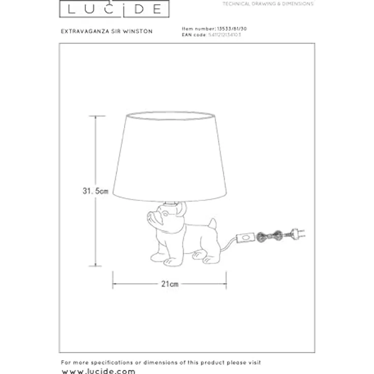 Lucide Sir Winston, Vintage Nachttischlampe mit Bulldoggen-Design und Leinenlampenschirm, 31,5 cm – Bild 7