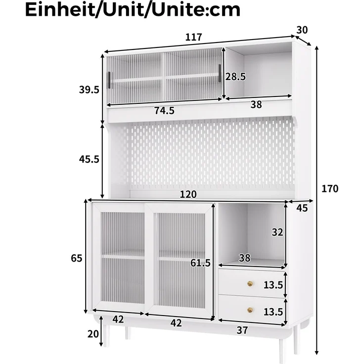DESVIAE Sideboard Weiß aus MDF/Spanplatte – 117x170x30 cm – Riffelglas-Schiebetüren – Bild 10