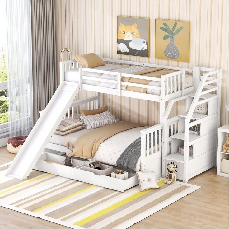 Flieks Etagenbett, Kiefer Kinderbett mit Stauraumtreppe und Schubladen 90x200cm+140x200cm