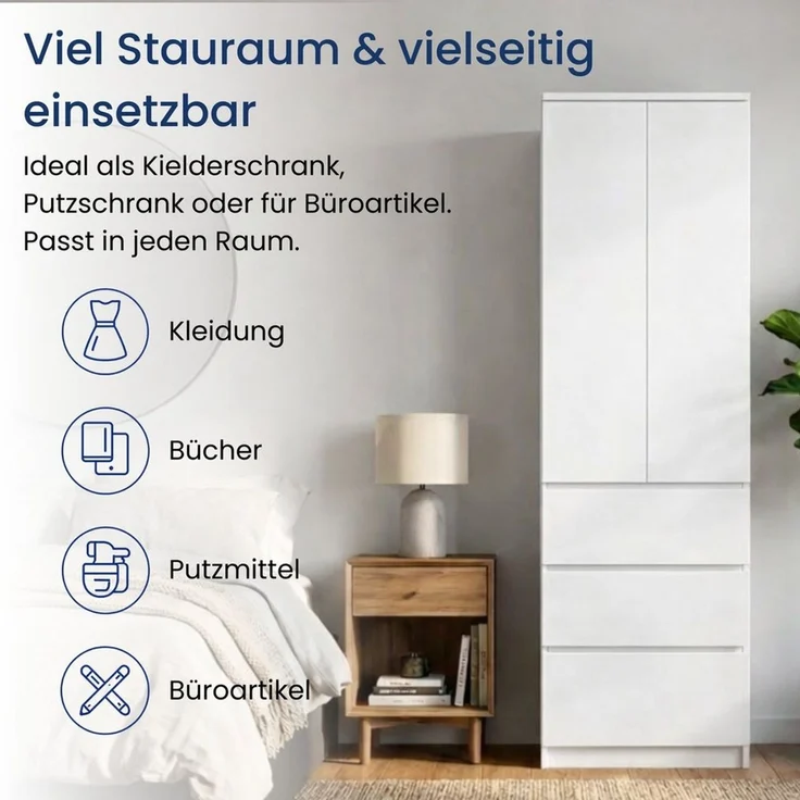 Home Collective Kleiderschrank Garderobenschrank Mehrzweckschrank Schrank platzsparend & vielseitig (50 x 40 x 180,5 cm (BxTxH), ideal für Schlafzimmer Flur & Arbeitszimmer) mit 2 Türig 3 Einlegeböden & 3 Schubladen in weiß – Bild 2