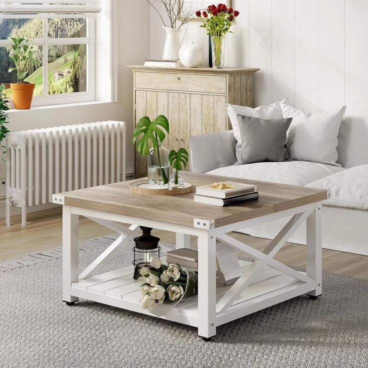 YITAHOME Couchtisch, Quadratischer Wohnzimmertisch 2-stöckiger, Couchtisch mit Stauraum für Couch Schlafzimmer,Stabiler Metallrahmen 80 x 80 x 45 cm ﻿ ﻿ – Bild 3