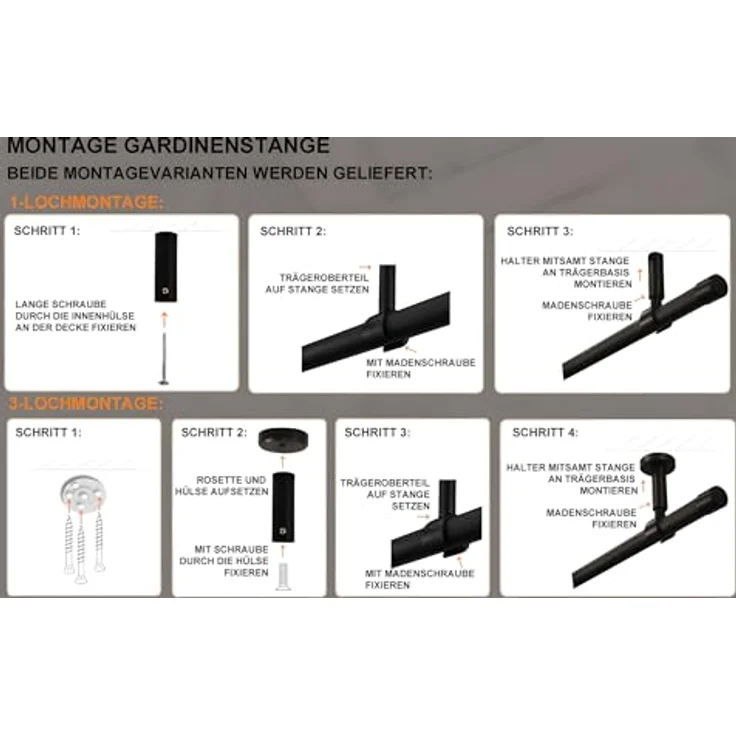 iso-design Gardinenstange Set zur Montage an der Decke mit 20 mm Durchmesser 1-läufig, Ø 20 mm, 1-läufig, Deckenmontage, geschraubt, Aluminium, Variabler Deckenabstand – Bild 5