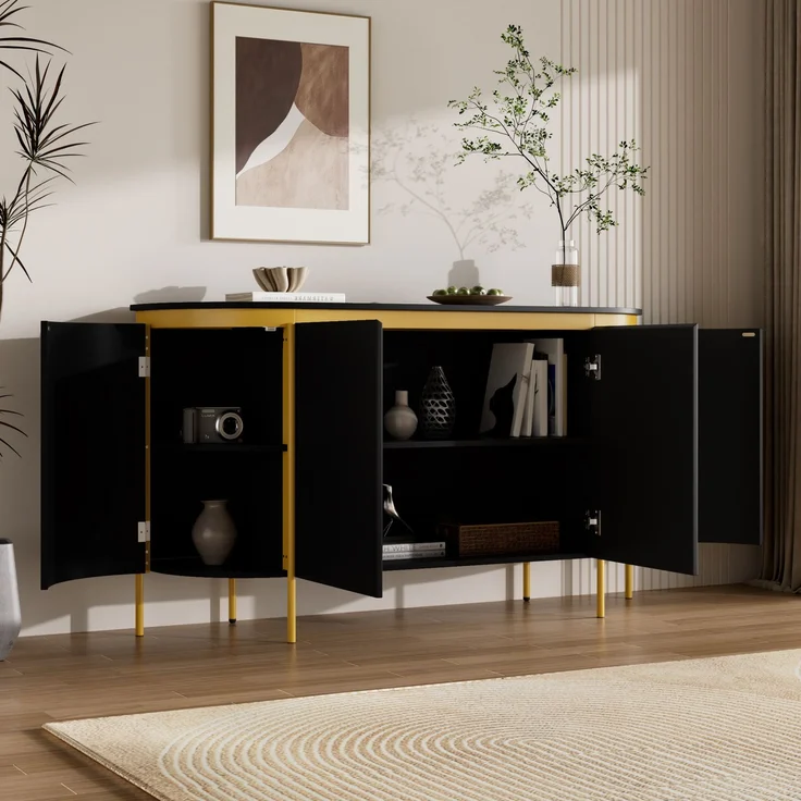 ZUBALIYA Sideboard 140x38x80 cm, mit 4 Türen, aus MDF, Schwarz – Bild 3