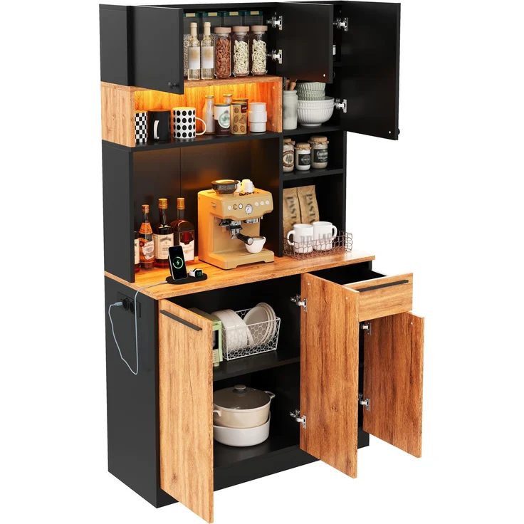 ZUBALIYA Buffetschrank 100x40x180 cm, mit LED-Beleuchtung, mit Steckdosen, mit 6 Türen, aus MDF, Natur – Bild 16