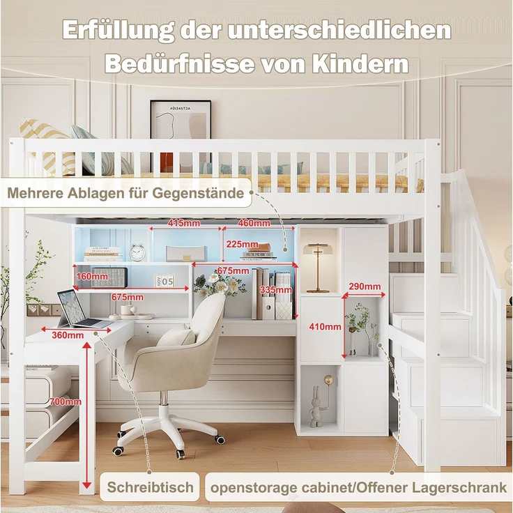 CHICFURN Hochbett aus Kiefernholz, MDF und Sperrholz Weiß 140x200 cm mit LED-Beleuchtung und Ablageleiter – Bild 4