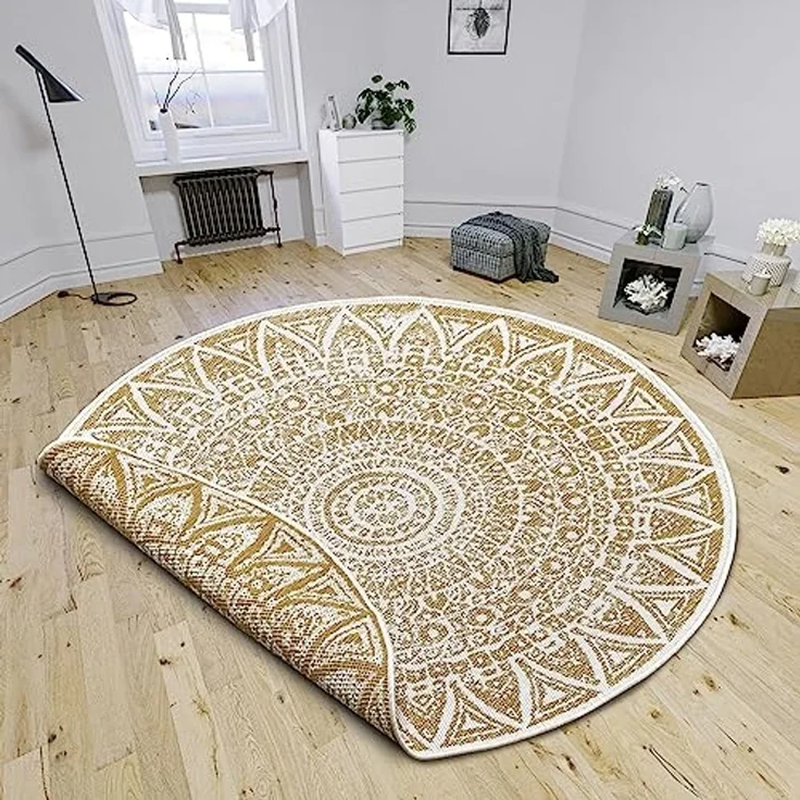 Freundin Home Collection Lilja In- & Outdoor Wendeteppich - Rund, Flachgewebe, Boho-Design, ÖKO-TEX, Wetterfest & UV-beständig für Balkon, Terrasse, Garten - Ocker, ø 100cm – Bild 1
