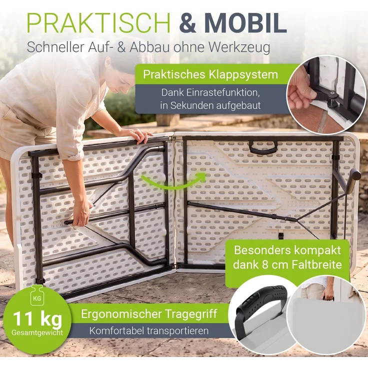 JUSKYS® Klappbarer Gartentisch Easyfold Weiß - Wetterfester, Klapptisch mit Tragegriff, stabiler multifunktionaler Buffettisch, 180x74x74 cm, 200 kg belastbar – Bild 2