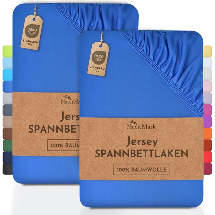 NatureMark 2er Pack Jersey Spannbettlaken, Spannbetttuch 100% Baumwolle in vielen Größen und Farben MARKENQUALITÄT ÖKOTEX Standard 100 | 140x200 cm - 160x200 cm - royal blau