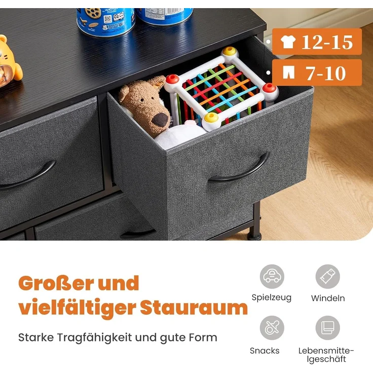 Sweetcrispy Kommode,Sideboard Wohnzimmer für Schlafzimmer mit 5 Stoffschubladen,Einstellbare Füße Schubladenschrank,Komodenschrank für Schlafzimmer,Modernes Grau – Bild 7