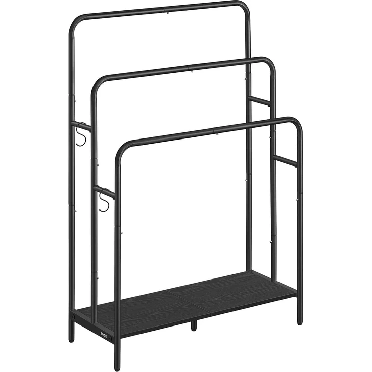 VASAGLE Handtuchhalter, stehend, Handtuchständer 3 Stangen, 70 x 30 x 100 cm, 2 Haken, Ablage, für Decke, Badetücher, tintenschwarz-ebenholzschwarz LLS019B01 – Bild 1
