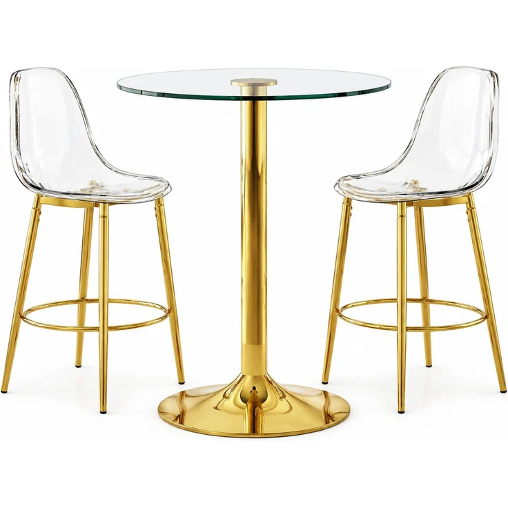 Bartisch-Set mit 2 Barhockern, Tisch Ø 89x92 cm – Glasplatte und goldfarbenes Metallgestell – Bild 5