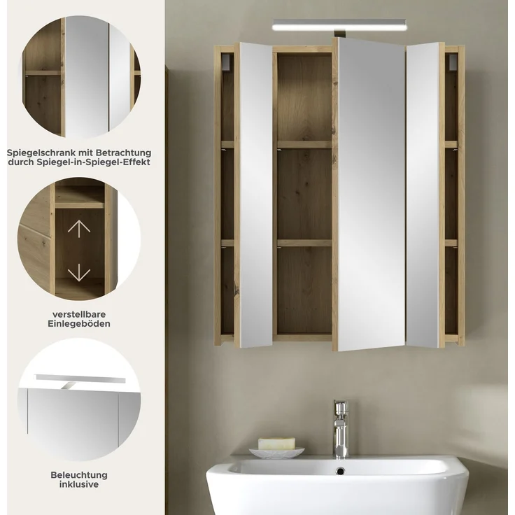 Spiegelschrank inkl. Beleuchtung (B/H/T: 60x70x18 cm) in Artisan Oak Nachbildung und Artisan Oak Nachbildung – Bild 7