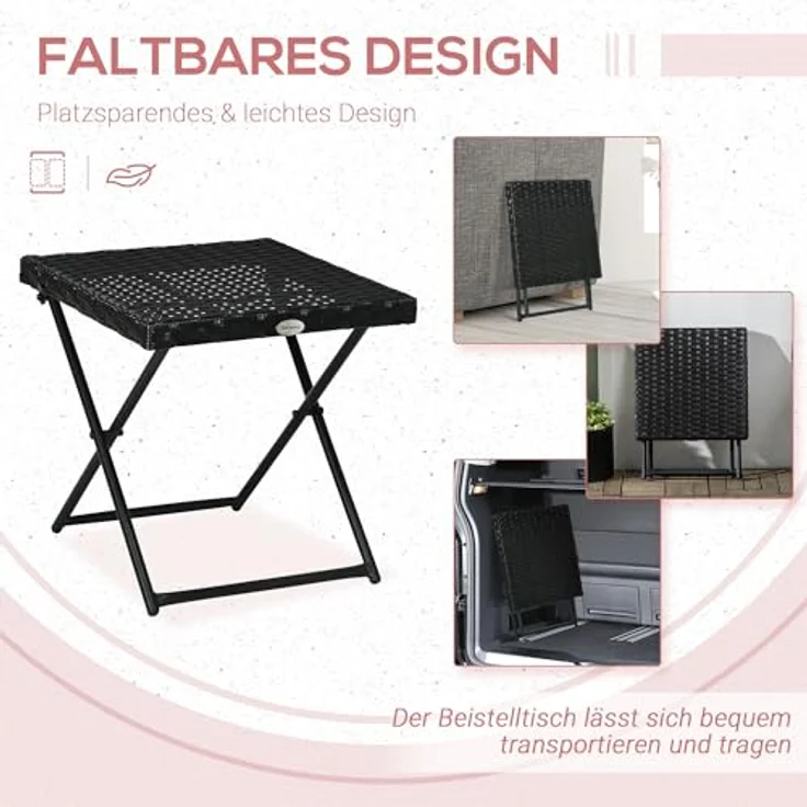 Outsunny Klapptisch, Gartentisch aus Polyrattan mit stabilem Stahlrahmen, Schwarz, 40x40x40 cm, platzsparend und pflegeleicht – Bild 4