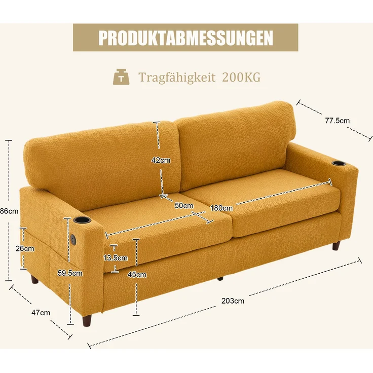 Zweisitzer Chenille-Sofa 203x77,5x86 cm – USB-C, LED-Ambiente und Getränkehalter in Senfgelb – Bild 10