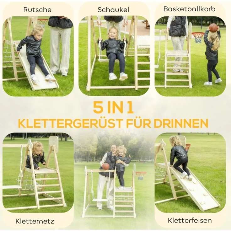 LVHOM Indoor Klettergerüst aus Massivholz, mit Kinderschaukel, Rutsche, Kletterwand & Basketballkorb, klappbar, Stabil bis 50kg, Natur – Bild 4