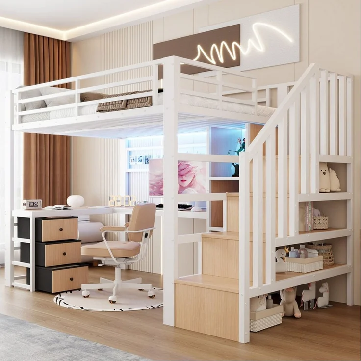 Odikalo Hochbett 90x200 140x200 Kinderbett Jugendbett mit Schreibtisch LED und Stauraum (Eisenrahmen, Ablagefach, 4 Schubladen, Gitter zum Aufhängen von Gegenständen, mit LED-Lichtleiste, Schreibtisch, Treppenkonstruktionen mit Stauraum, Ohne Matratze) – Bild 2