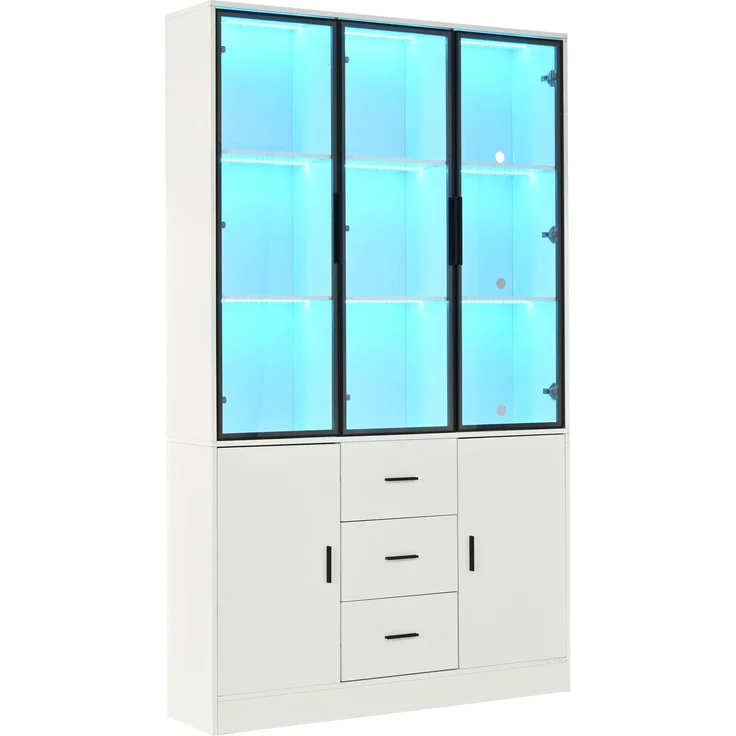 ZUBALIYA Vitrine mit Glasschrank Tür und LED-Licht, Vitrinenschrank Glasvitrine mit MultiStorage Bücherregal, Highboard Sammlervitrine mit Griff, 3 Schubladen & Türen, Wohnzimmerschrank, Weiß – Bild 19
