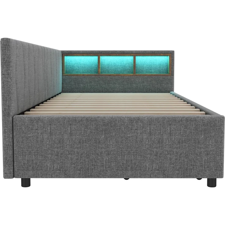Daybett 90x200 cm mit Ablagefach – Schlafsofa aus Leinen und MDF mit USB-Anschluss, ohne Matratze – Bild 9