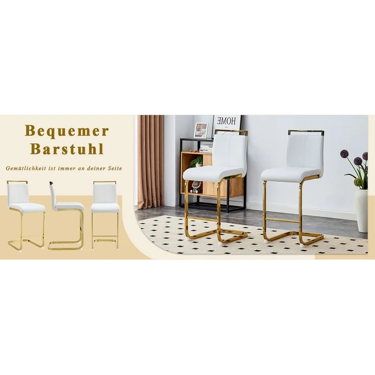 Rayofly-2er-Set Barhocker nordischer Stil H96,5cm, weißes PU-Leder, goldene Metallbeine, für Restaurant, Küche,H 96.50cm x T 39.00cm x B 46.50cm,Weiß – Bild 10