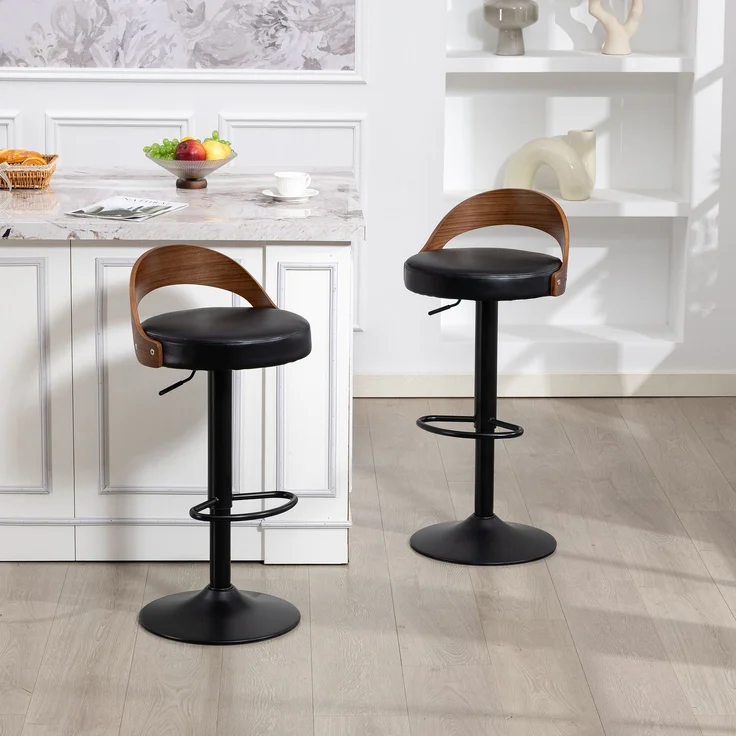 LVHOM Barstuhl 2er Set, 360° drehbarer Barhocker mit Rückenlehne und Fußstütze, höhenverstellbarer Tresenhocker aus Bugholz & PU-Leder, Schwarz – Bild 7