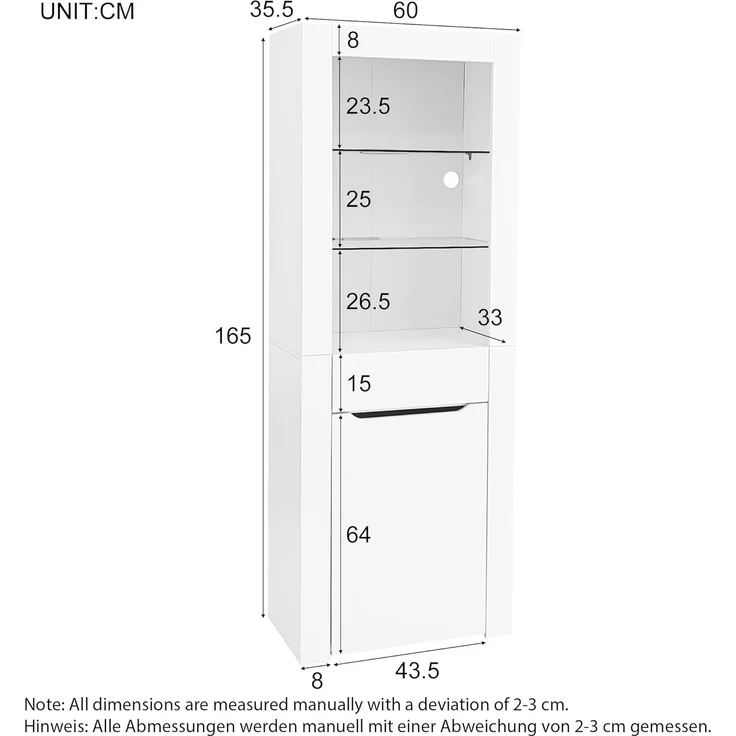 Ball & Cast Standvitrine mit Beleuchtung - Mit Offenen Fachböden & Schubladen, Vitrine für Küche, Schlafzimmer & Wohnzimmer, Weiß – Bild 2