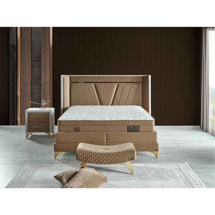 Schlafzimmer-Set "Elvina" – Bett mit Bettkasten mit Matratze, Nachttisch, Kommode, Bettbank-Braun