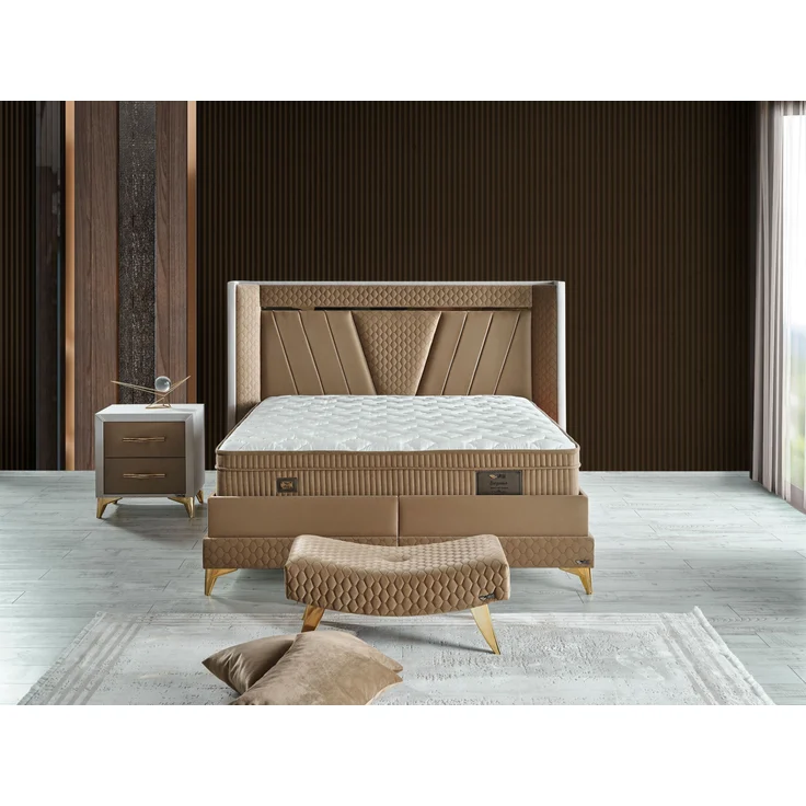 Schlafzimmer-Set "Elvina" – Bett mit Bettkasten mit Matratze, Nachttisch, Kommode, Bettbank-Braun – Bild 1
