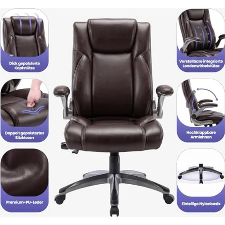 MALOL Ergonomischer Bürostuhl, Schreibtischstuhl aus Kunstleder mit elegantem Design, aufblasbarer Lendenstütze, Federkern-Sitzkissen, klappbaren Armlehnen, für Büro & Homeoffice, Braun – Bild 3