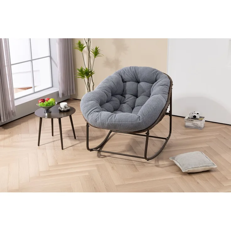 Rattan-Schaukelstuhl für den Außenbereich, gepolsterter Schaukel- und Liegesessel für Veranda, Wohnzimmer, Terrasse, Garten, Grau – 93 x 73 x 23 cm – YOUDENOVA