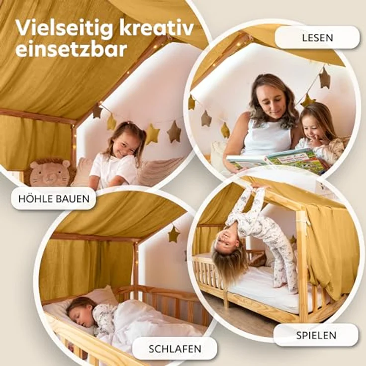 lilimaus Betthimmel Musselin Hausbett Himmel Kinderzimmer Baumwolle mit Gold 2er Set, Gemütlicher Baldachin aus Baumwolle für traumhafte Kinderzimmer-Deko – Bild 4
