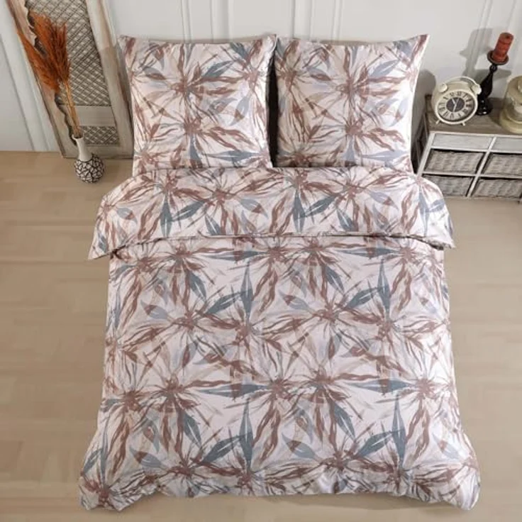Buymax Bettwäsche Dorina, Bettgarnitur, Bettbezug Set, Renforce: 100% Baumwolle, 3 teilig, mit Reißverschluss, geblümt, Blumen, Beige Braun, 200x200 cm – Bild 6