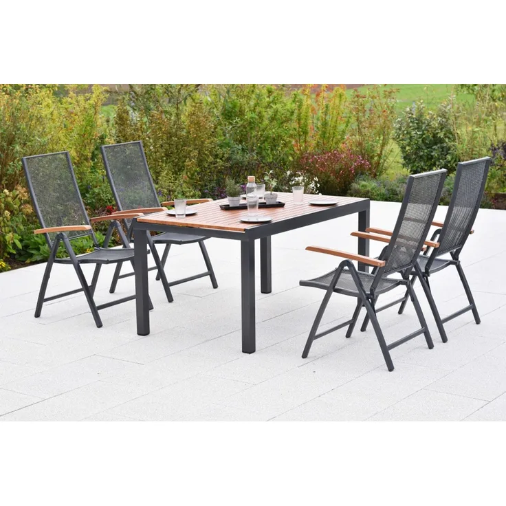 Thasos Gartenmöbel Set 5tlg, 4 Klappsessel, Ausziehtisch 150 (200 ) x 90 cm, Aluminium