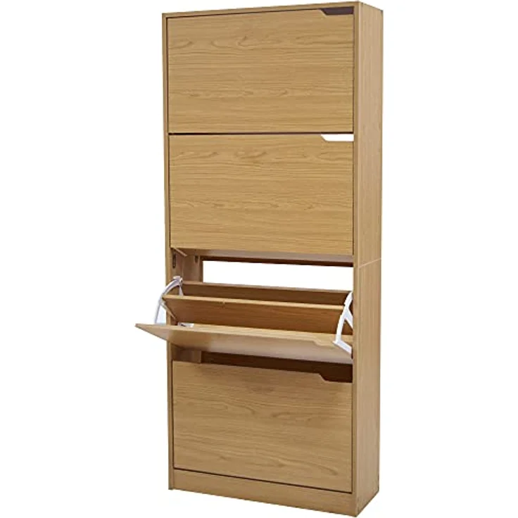 BAKAJI Schuhschrank mit 4 Klappen, Schuhregal, Schuhkipper, Schuhkommode 4 Tiefen Fächern, Verstellbar - Flur, Diele, Wohnzimmer, Schlafzimmer, 63 x 24 x 150 cm, platzsparend, Eingangshaus (Eiche) – Bild 2