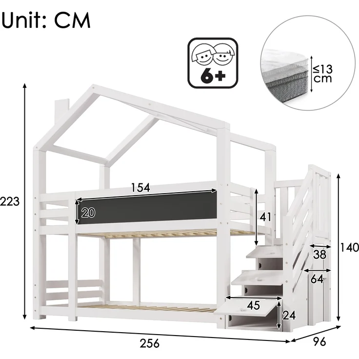 Kinder-Etagenbett "Baumhaus" 97x256x223 cm, Weiß, mit Tafel & Staufachtreppe – Bild 10